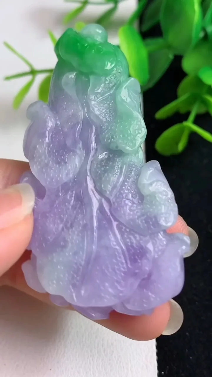 天然A货翡翠春带彩 紫罗兰白菜吊坠，尺寸63-31.2-11.8，重量:40.10g
5月23日