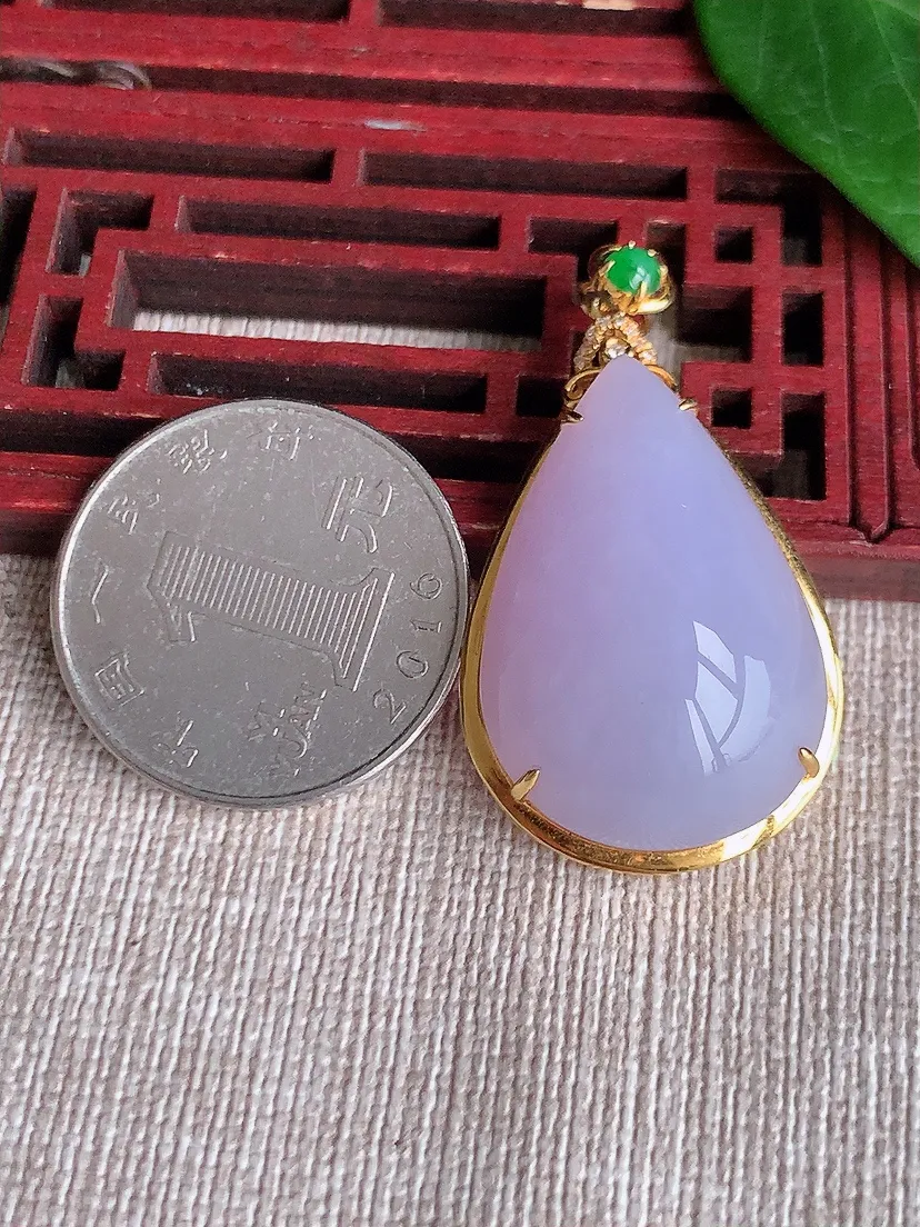 天然A货翡翠18K金伴紫罗兰水滴吊坠尺寸40.3×22×11.2裸石28.5×19.7m量10.30g 0523