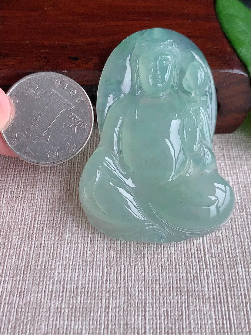 天然A货翡翠晴水大势至菩萨吊坠尺寸56.7×40×6.6m量27.34g 0523