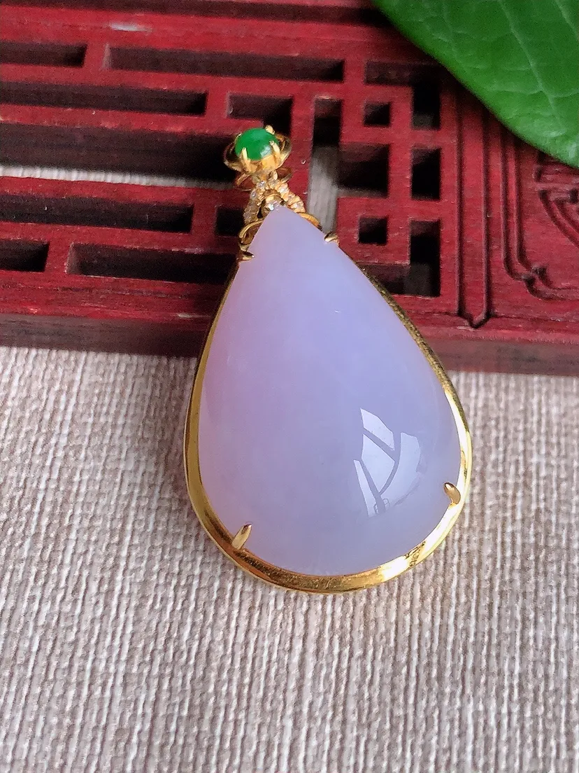 天然A货翡翠18K金伴紫罗兰水滴吊坠尺寸40.3×22×11.2裸石28.5×19.7m量10.30g 0523