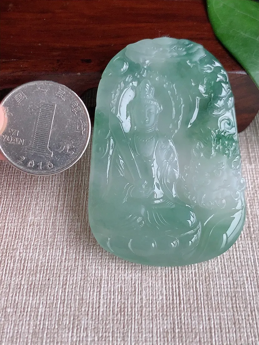 天然A货翡翠飘花文殊菩萨吊坠尺寸60.4×40×6m量34.78g 0528