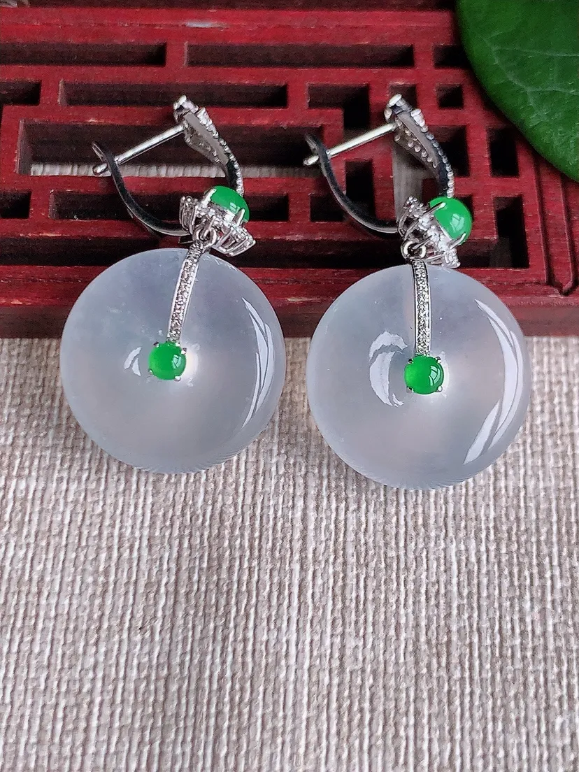 天然A货翡翠18K金伴钻镶嵌白月光平安扣耳坠 尺寸18.5×6mm 重量12.60g 0530