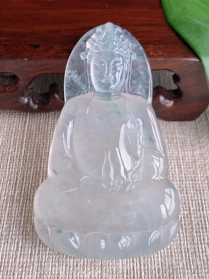 天然A货翡翠冰飘花一刀切素衣观音吊坠尺寸59.5×35.5×5.7m量22.29g 0530