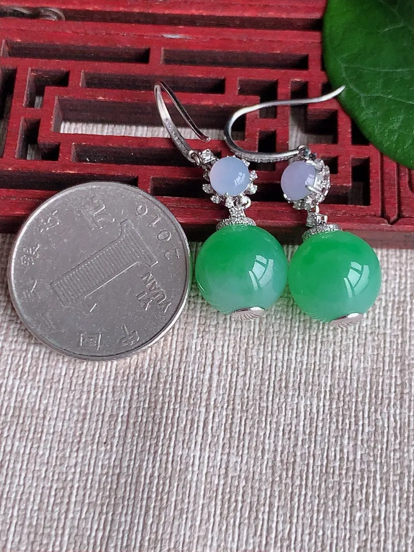 天然A货翡翠18K金伴钻镶嵌甜绿圆珠转运珠耳坠尺寸12mm 重量9.64g 0530