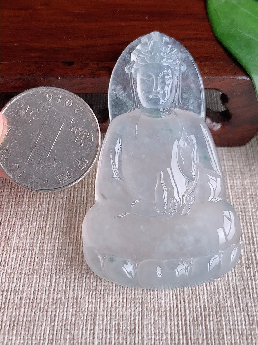 天然A货翡翠冰飘花一刀切素衣观音吊坠尺寸59.5×35.5×5.7m量22.29g 0530