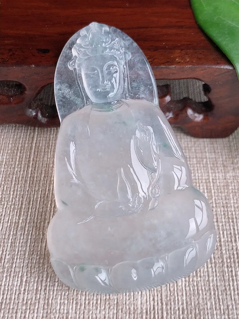 天然A货翡翠冰飘花一刀切素衣观音吊坠尺寸59.5×35.5×5.7m量22.29g 0530