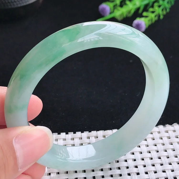 自然光56圈口老坑冰胶水灵飘花宽边手镯翡翠玉镯尺寸56/11.8/8.5