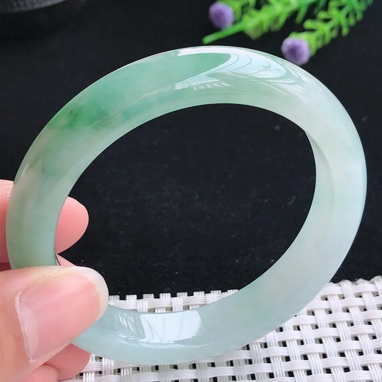 自然光56圈口老坑冰胶水灵飘花宽边手镯翡翠玉镯尺寸56/11.8/8.5