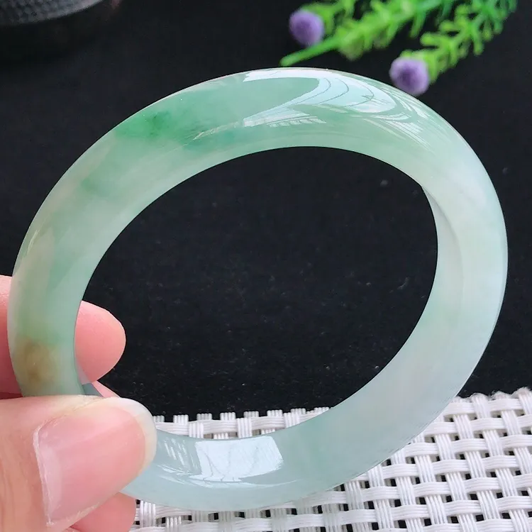 自然光56圈口老坑冰胶水灵飘花宽边手镯翡翠玉镯尺寸56/11.8/8.5