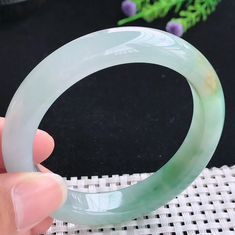 自然光56圈口老坑冰胶水灵飘花宽边手镯翡翠玉镯尺寸56/11.8/8.5