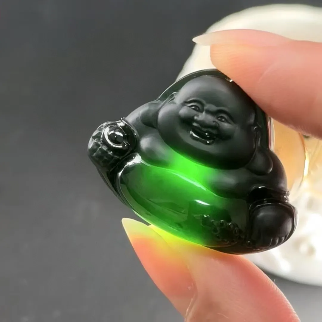 精品墨翠大肚佛 种好色正 黑度极好 打灯通透 饱满厚桩