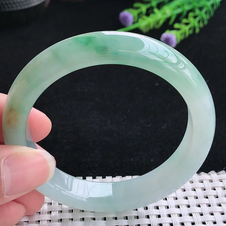 自然光56圈口老坑冰胶水灵飘花宽边手镯翡翠玉镯尺寸56/11.8/8.5