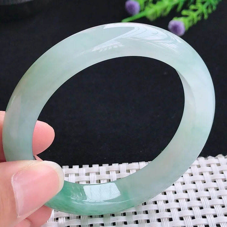自然光56圈口老坑冰胶水灵飘花宽边手镯翡翠玉镯尺寸56/11.8/8.5