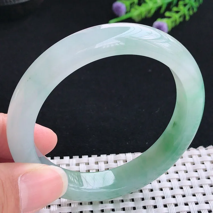 自然光56圈口老坑冰胶水灵飘花宽边手镯翡翠玉镯尺寸56/11.8/8.5