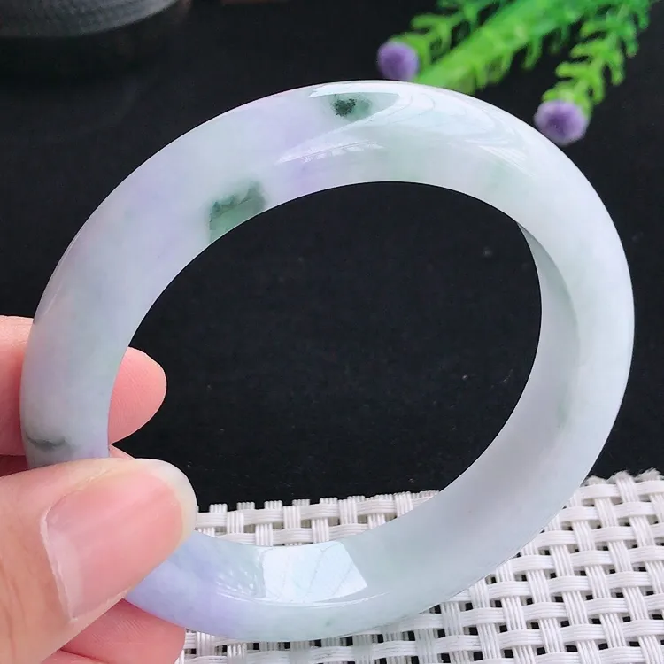 自然光57.3圈口老坑精美温润紫罗兰飘花手镯翡翠玉镯尺寸57.3/12.7/9.1