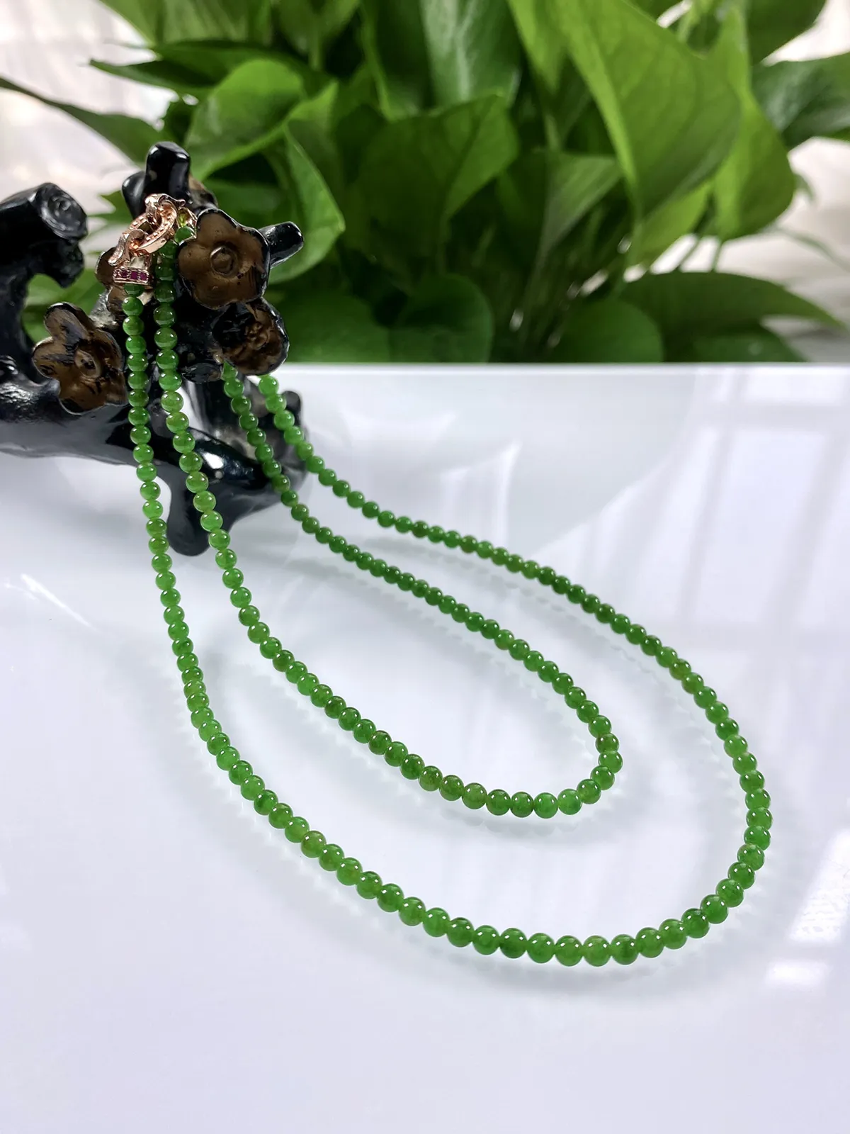缅甸天然翡翠A货，冰种起胶特色满绿黄加绿小米珠小圆珠项链手链，尺寸：3.5mm/187颗，长度585