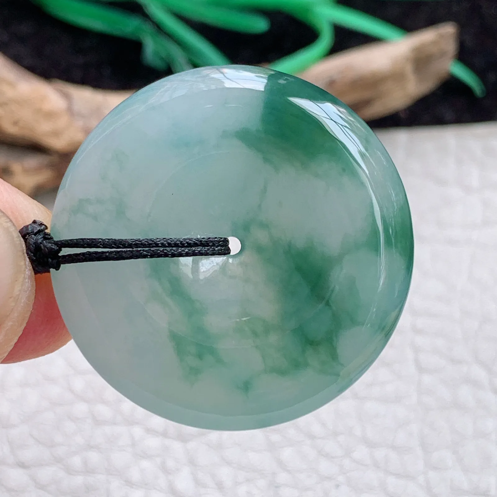 zz自然光32.8*6.2缅甸A货翡翠飘花平安扣吊坠 怀古玉扣