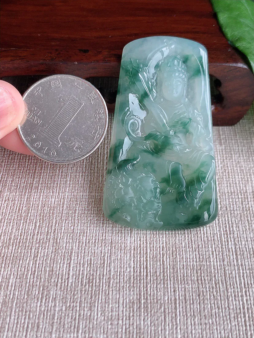 缅甸a货翡翠ddj老坑冰种飘花文殊菩萨吊坠 整体53.3×30.7×5mm 16.80