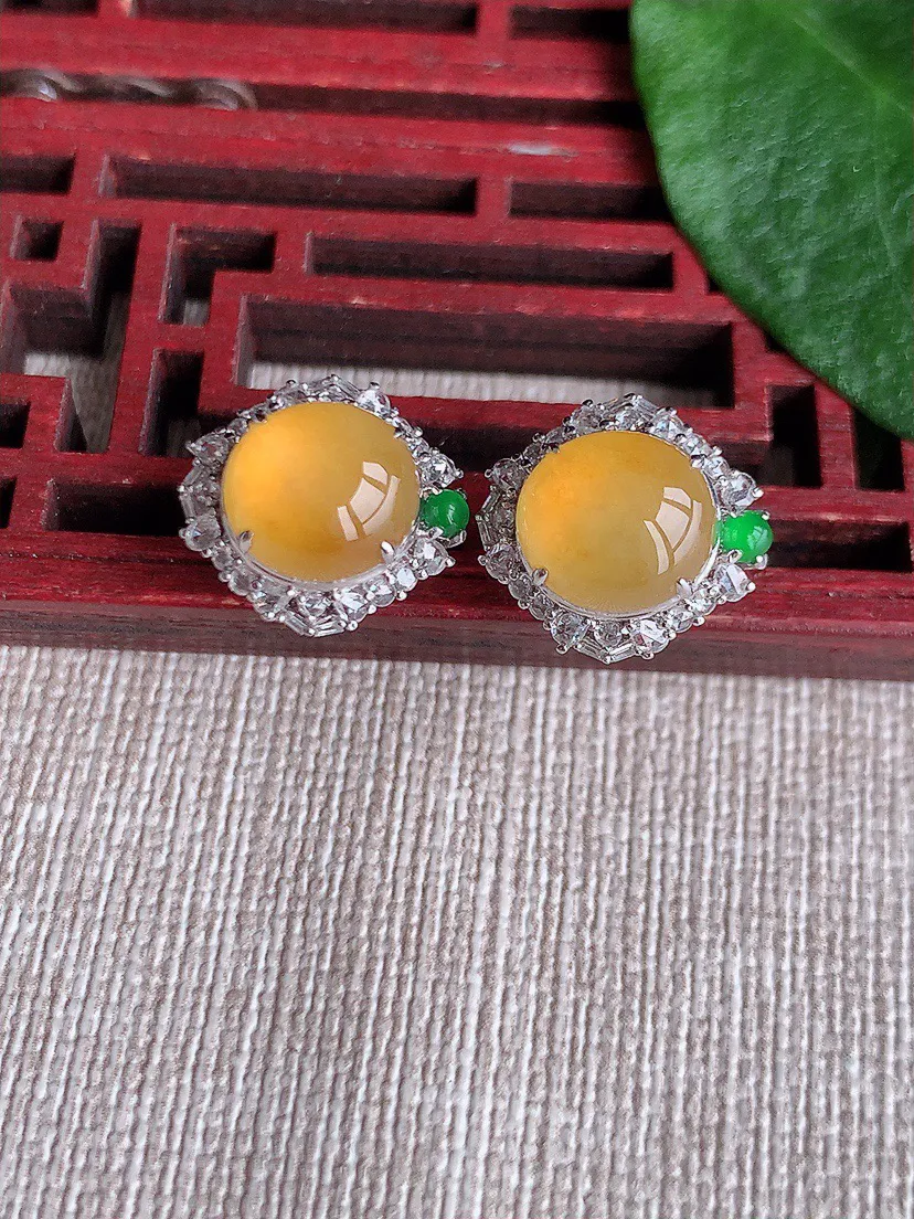 缅甸a货翡翠ddj老坑冰种18K金镶嵌黄翡蛋面耳坠 整体9×8.3mm 5.00