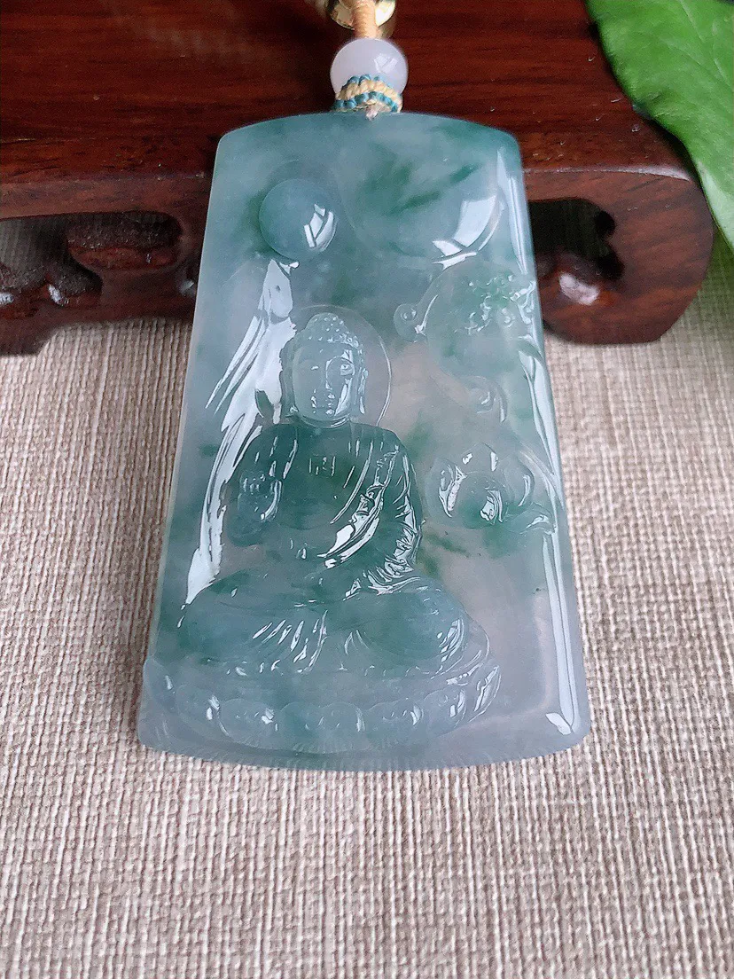 缅甸a货翡翠ddj老坑冰种飘花大日如来吊坠 整体63.4×39.8×6mm 34.52