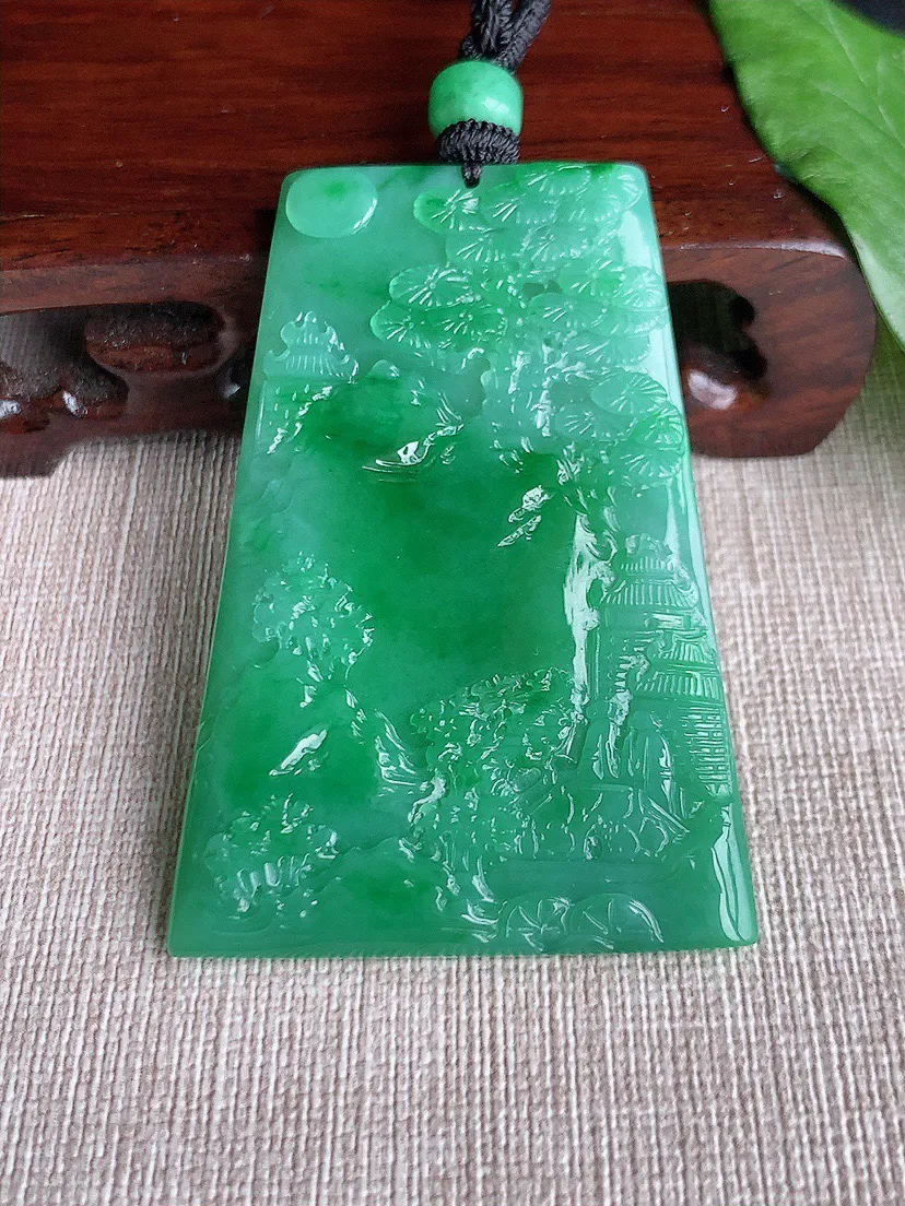 缅甸a货翡翠ddj老坑冰种满绿意境山水牌吊坠 整体61.4×42.3×6mm 40.06