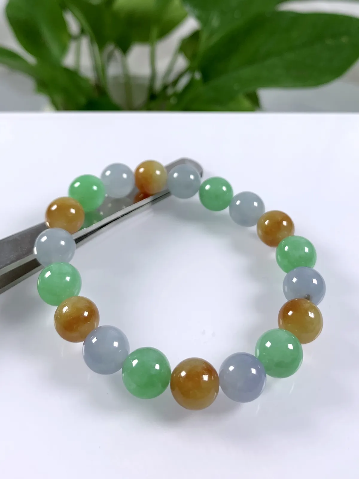 缅甸天然翡翠A货，卡10冰种起胶三彩多宝圆珠手串手链，尺寸：10mm/19颗，重量：32.63g，黄珠也是天然黄