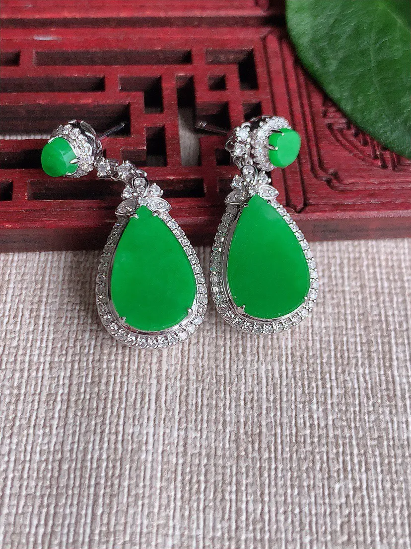 缅甸a货翡翠ddj老坑冰种18K金镶嵌阳绿水滴耳坠 整体14.4×9.3×7mm 6.07