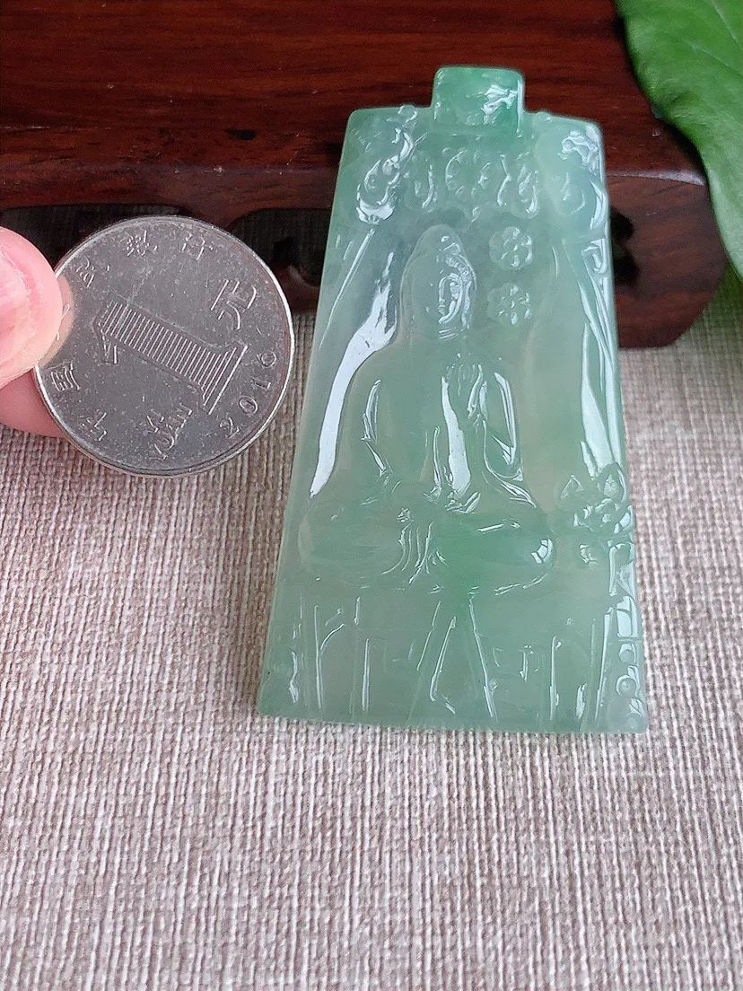 缅甸a货翡翠ddj老坑冰种晴水观音吊坠整体62.7×34.7×5.2mm 24.64
