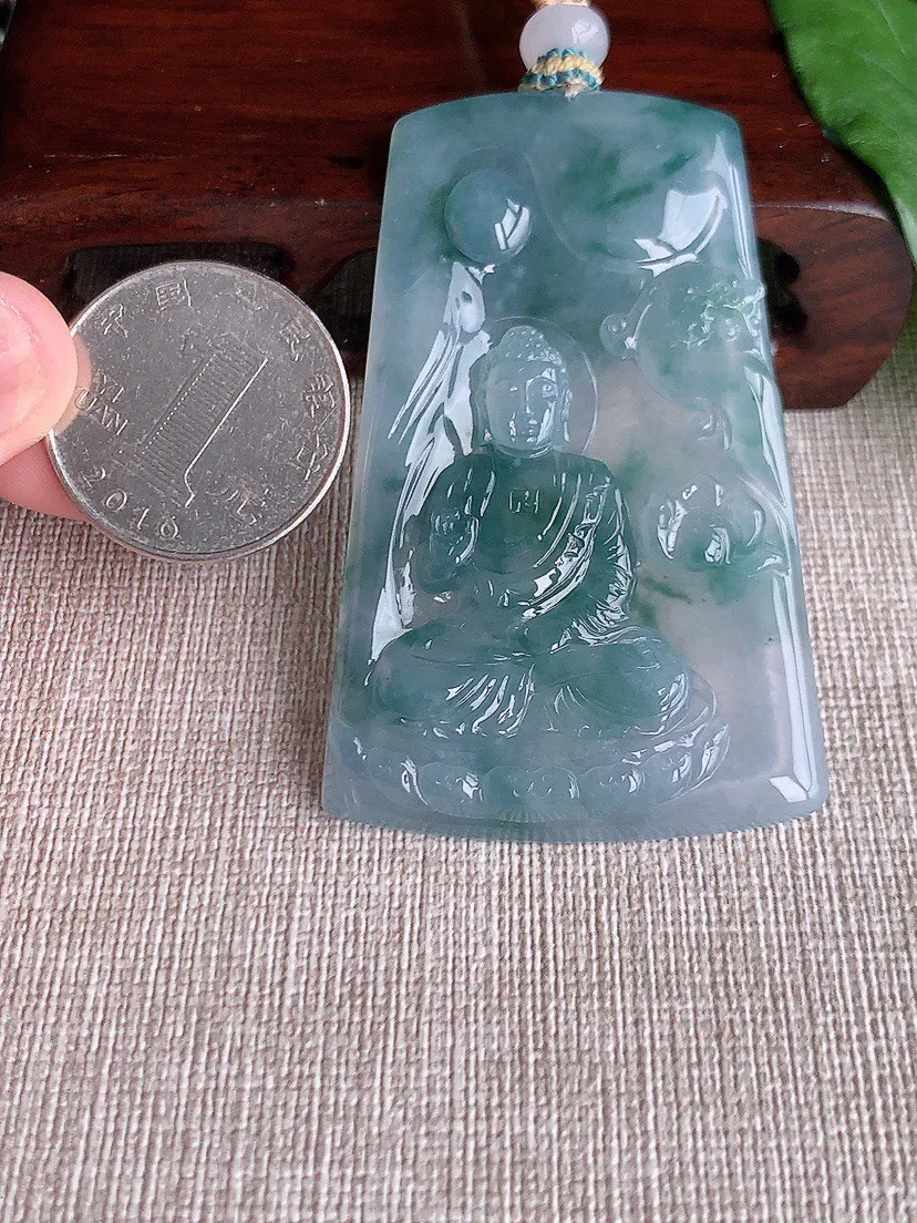 缅甸a货翡翠ddj老坑冰种飘花大日如来吊坠 整体63.4×39.8×6mm 34.52