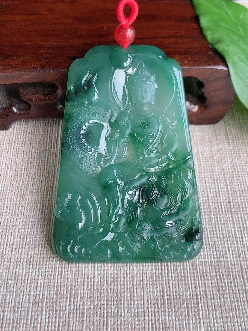 缅甸a货翡翠ddj老坑冰种飘花御龙观音吊坠  整体61.8×40.6×4.6mm 27.28