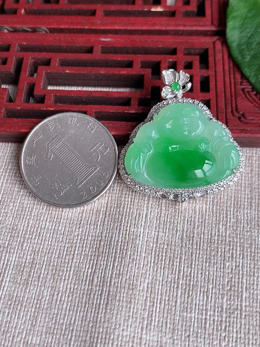 缅甸a货翡翠ddj老坑冰种18K金镶嵌飘阳绿佛公吊坠 整体34×31×8.8裸石20.8×27.6mm 7.54