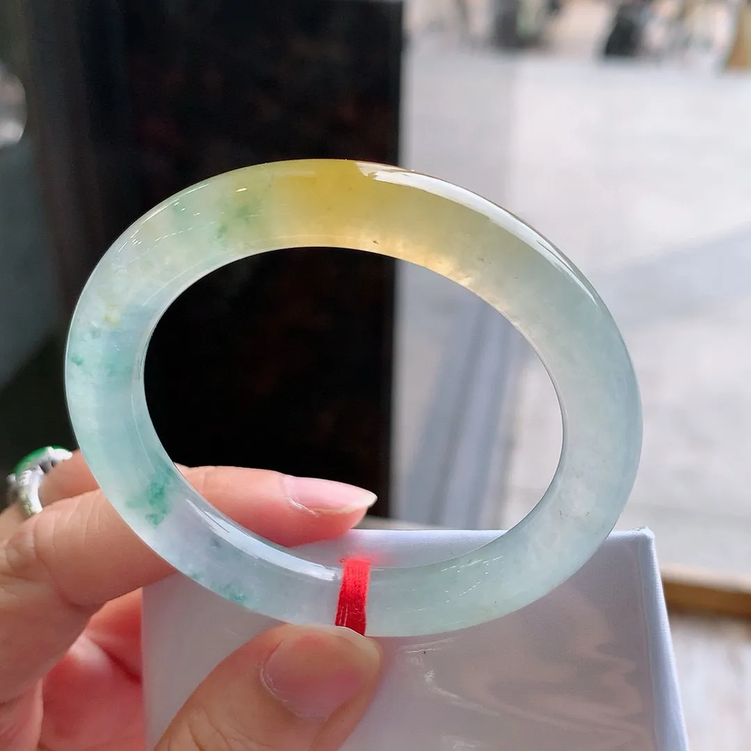 圆条冰玻黄翡飘花 微小牛毛纹 不影响 尺寸:50.1/9/8.6 种色俱佳