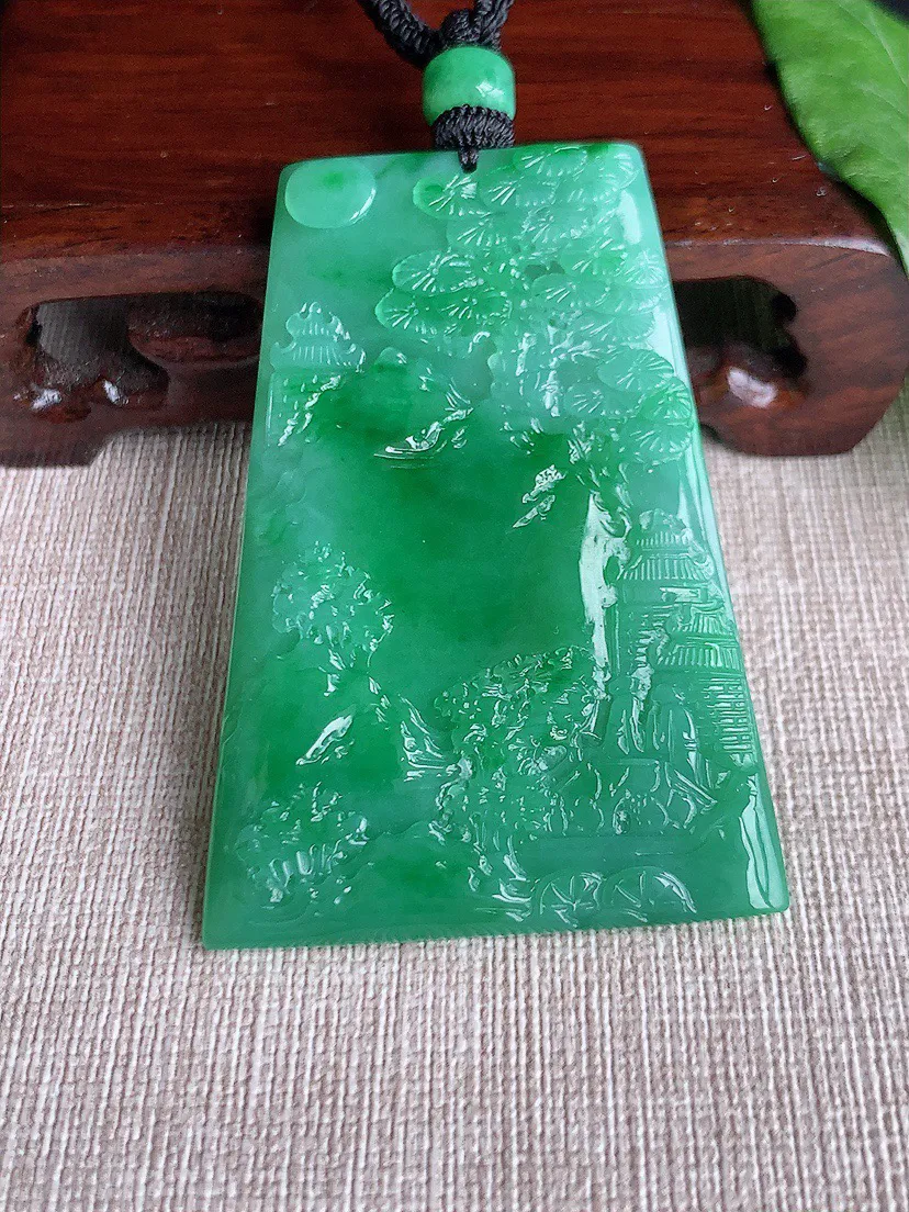 缅甸a货翡翠ddj老坑冰种满绿意境山水牌吊坠 整体61.4×42.3×6mm 40.06