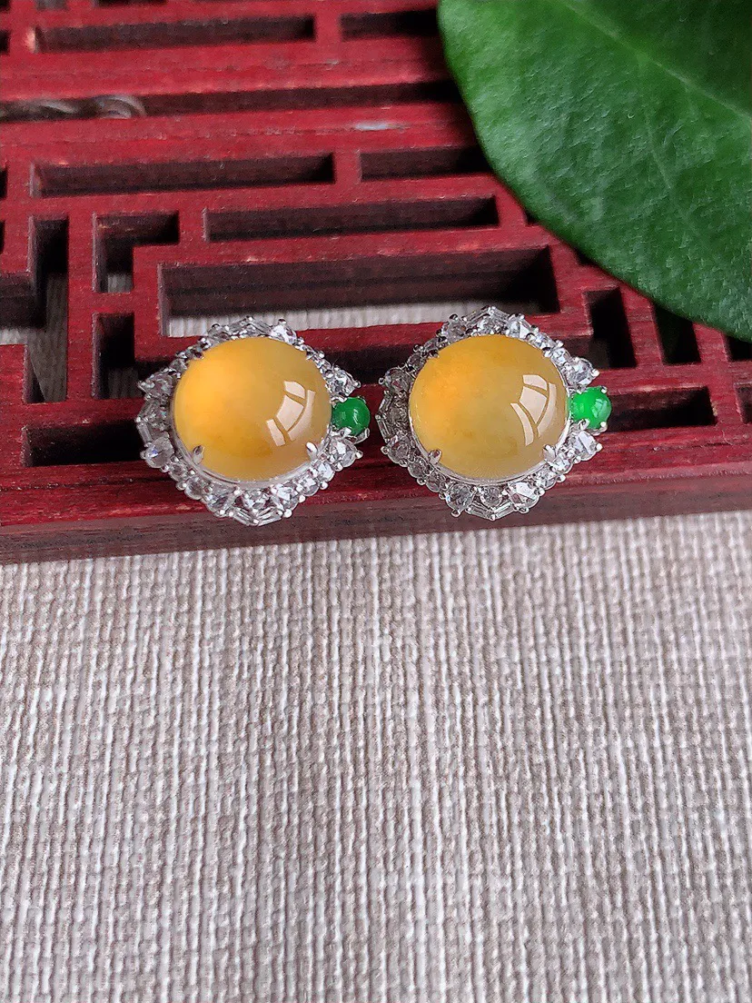 缅甸a货翡翠ddj老坑冰种18K金镶嵌黄翡蛋面耳坠 整体9×8.3mm 5.00
