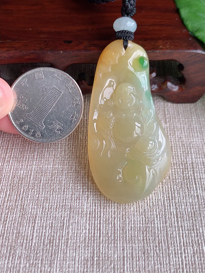 缅甸a货翡翠ddj老坑冰种黄加绿双彩逍遥佛吊坠  整体51.5×26.3×9.6mm 23.91