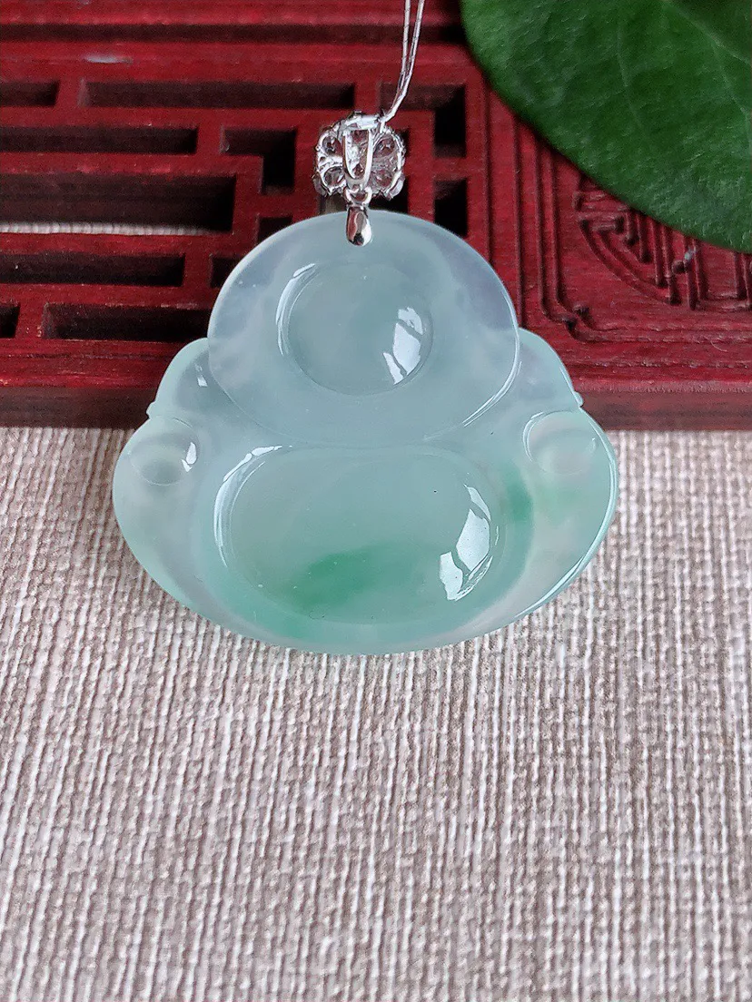缅甸a货翡翠ddj老坑冰种18K金镶嵌飘花佛公吊坠 整体39.2×29.4×33.4×5.6mm 9.09