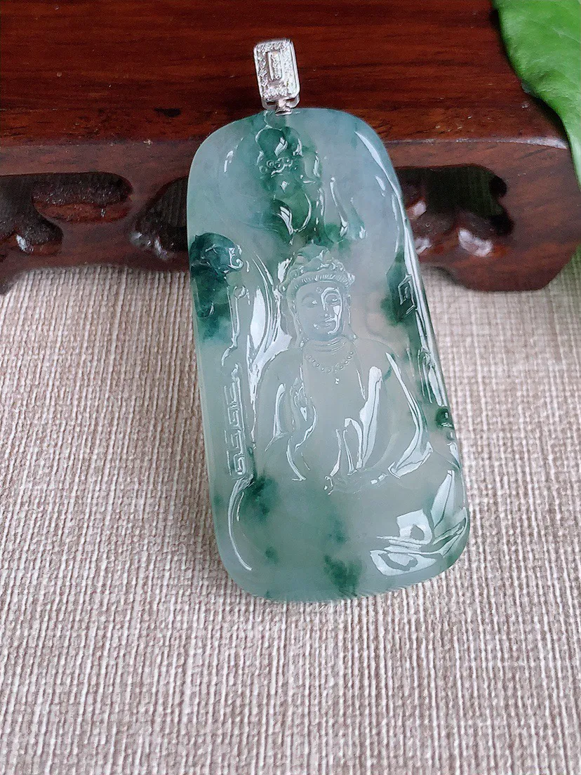 缅甸a货翡翠ddj老坑冰种18K金镶嵌飘花观音吊坠 整体61.6×53.8×27×5.3mm 18.