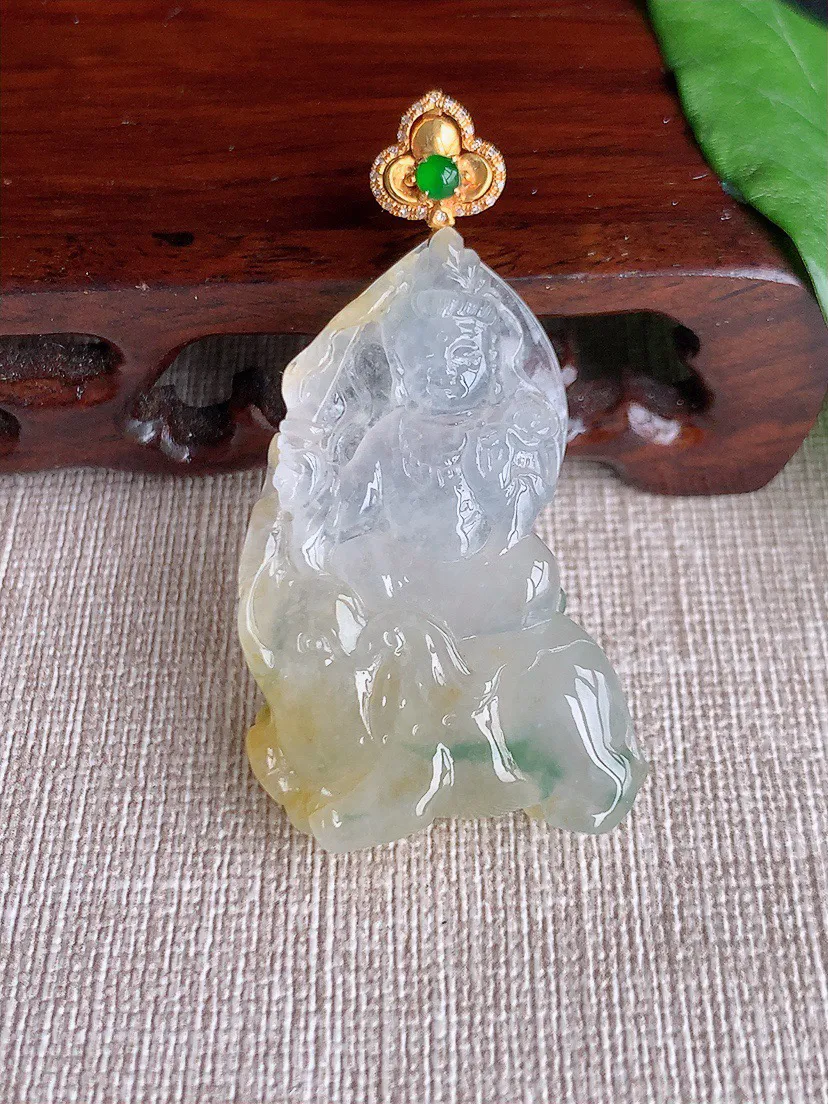 缅甸a货翡翠ddj老坑冰种18K金镶嵌飘黄翡飘花普贤菩萨吊坠 整体52.4×43×26.8×7.4m