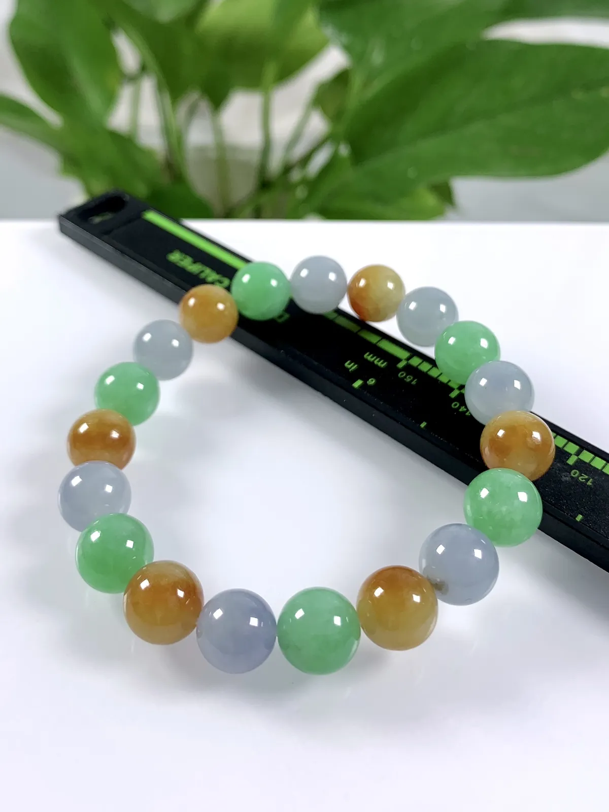 缅甸天然翡翠A货，卡10冰种起胶三彩多宝圆珠手串手链，尺寸：10mm/19颗，重量：32.63g，黄珠也是天然黄