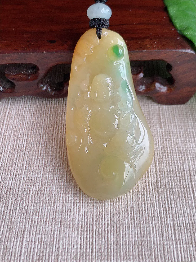 缅甸a货翡翠ddj老坑冰种黄加绿双彩逍遥佛吊坠  整体51.5×26.3×9.6mm 23.91