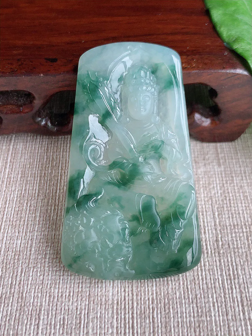 缅甸a货翡翠ddj老坑冰种飘花文殊菩萨吊坠 整体53.3×30.7×5mm 16.80