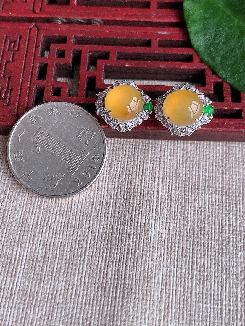 缅甸a货翡翠ddj老坑冰种18K金镶嵌黄翡蛋面耳坠 整体9×8.3mm 5.00