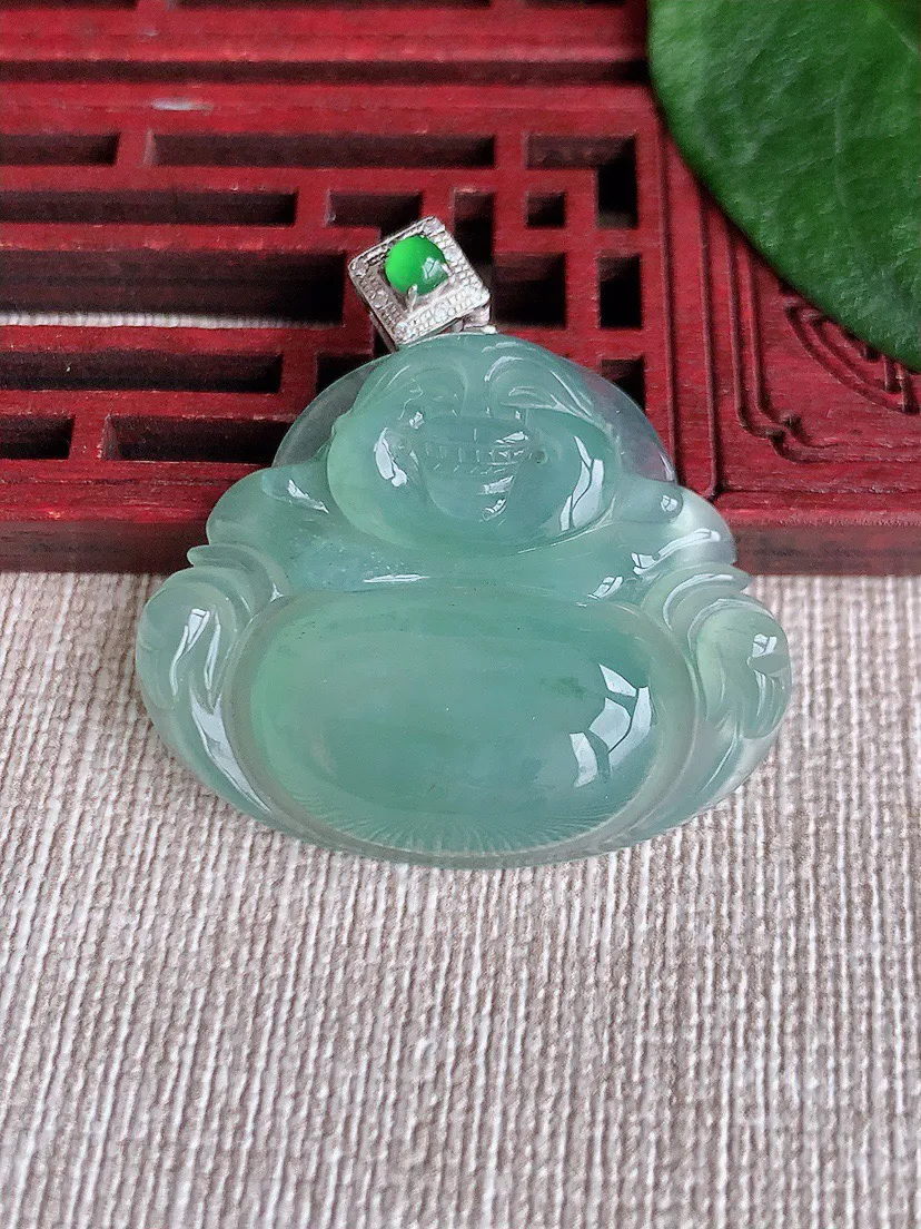 缅甸a货翡翠ddj老坑冰种18K金镶嵌晴水佛公吊坠 整体38.6×28.6×35×6.7mm 10.