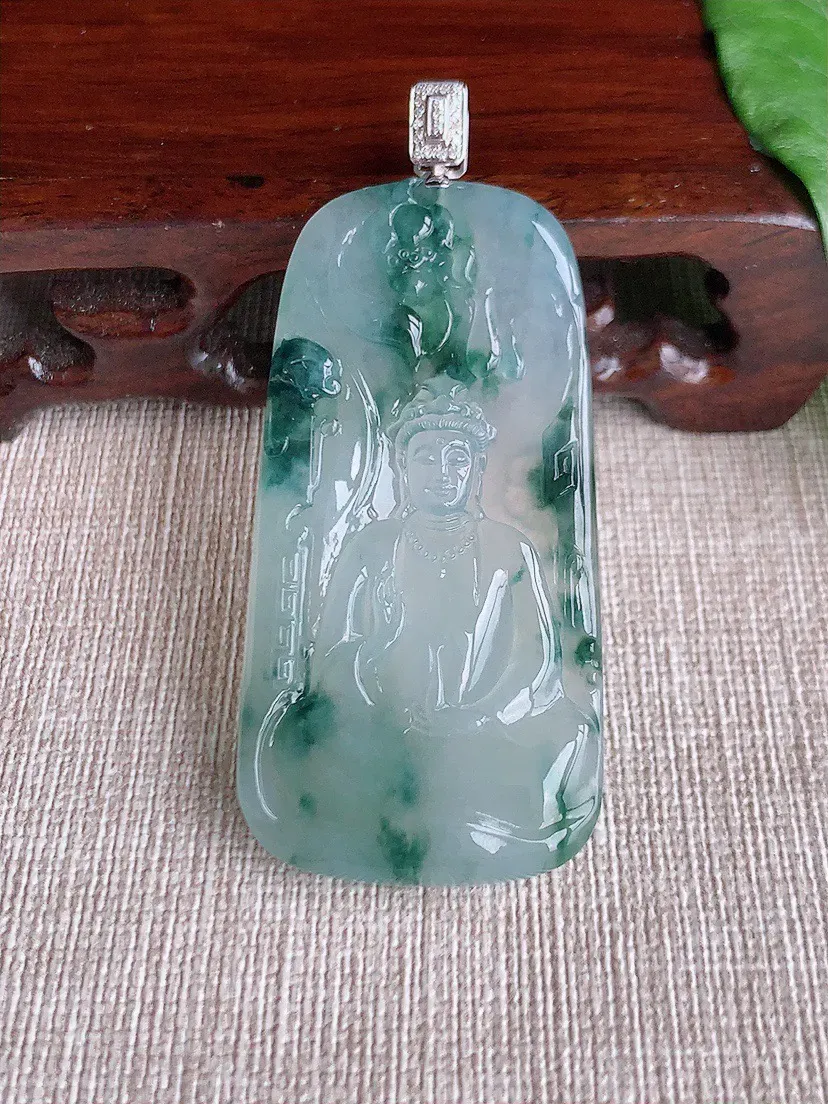 缅甸a货翡翠ddj老坑冰种18K金镶嵌飘花观音吊坠 整体61.6×53.8×27×5.3mm 18.