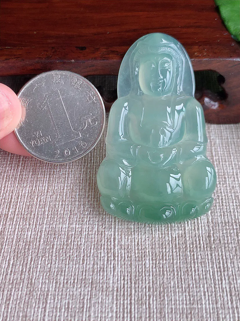 缅甸a货翡翠ddj老坑冰种晴水正装观音吊坠 整体50×30.6×5.8mm 15.80