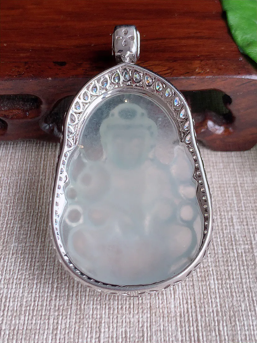 缅甸a货翡翠ddj老坑冰种18K金镶嵌白月光观音吊坠 整体57.7×33×12.3裸石42.3×30.3mm 23.32