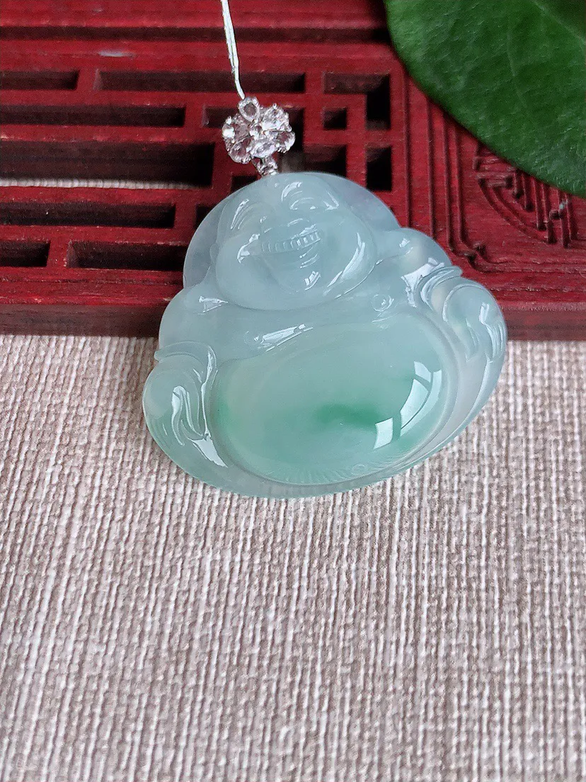 缅甸a货翡翠ddj老坑冰种18K金镶嵌飘花佛公吊坠 整体39.2×29.4×33.4×5.6mm 9