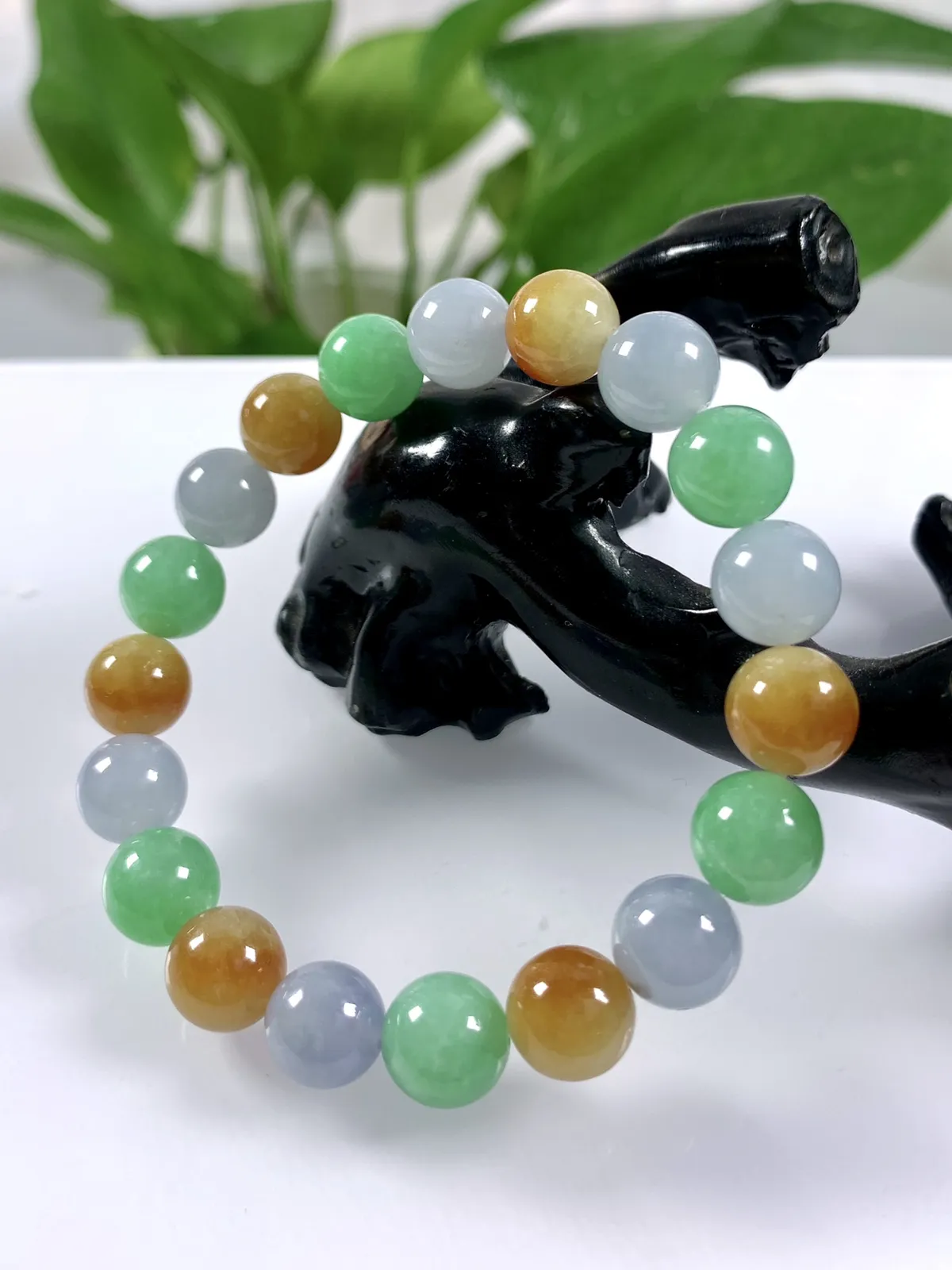 缅甸天然翡翠A货，卡10冰种起胶三彩多宝圆珠手串手链，尺寸：10mm/19颗，重量：32.63g，黄珠也是天然黄