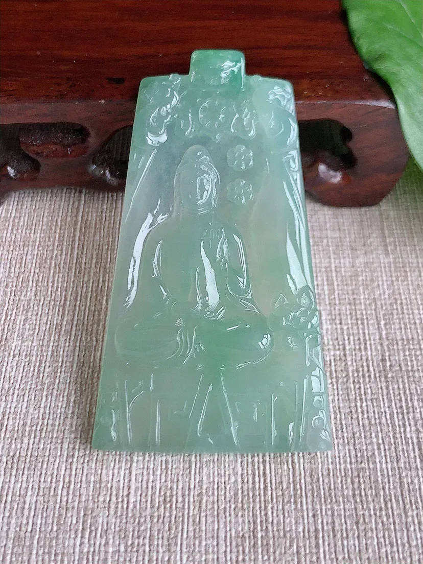 缅甸a货翡翠ddj老坑冰种晴水观音吊坠整体62.7×34.7×5.2mm 24.64