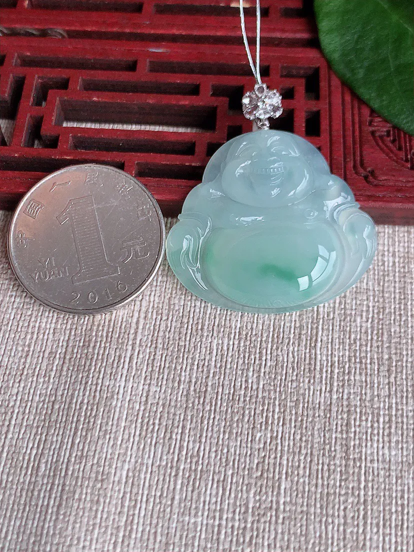 缅甸a货翡翠ddj老坑冰种18K金镶嵌飘花佛公吊坠 整体39.2×29.4×33.4×5.6mm 9.09